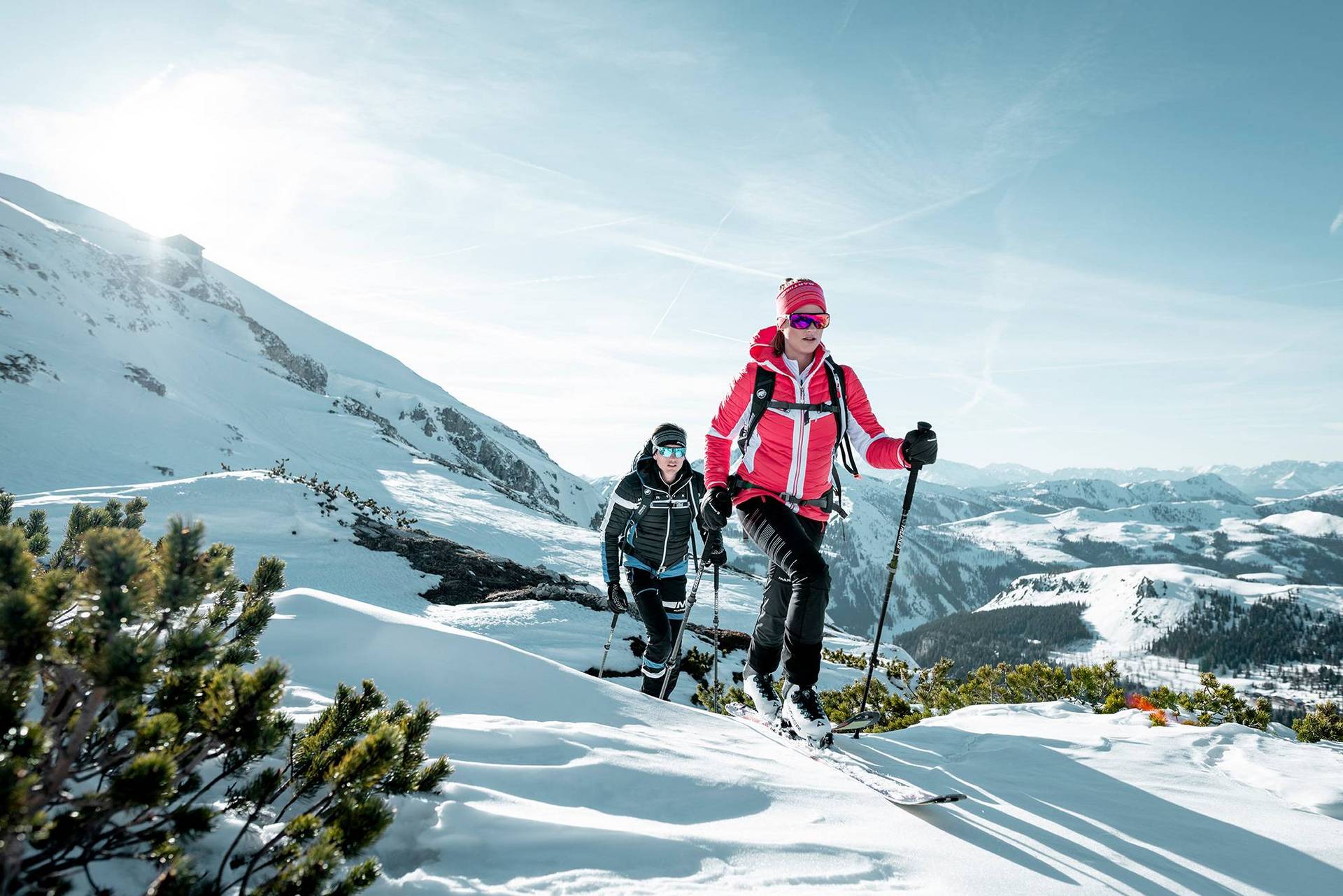 Twee skitoeristen te midden van bergdennen en sneeuw.