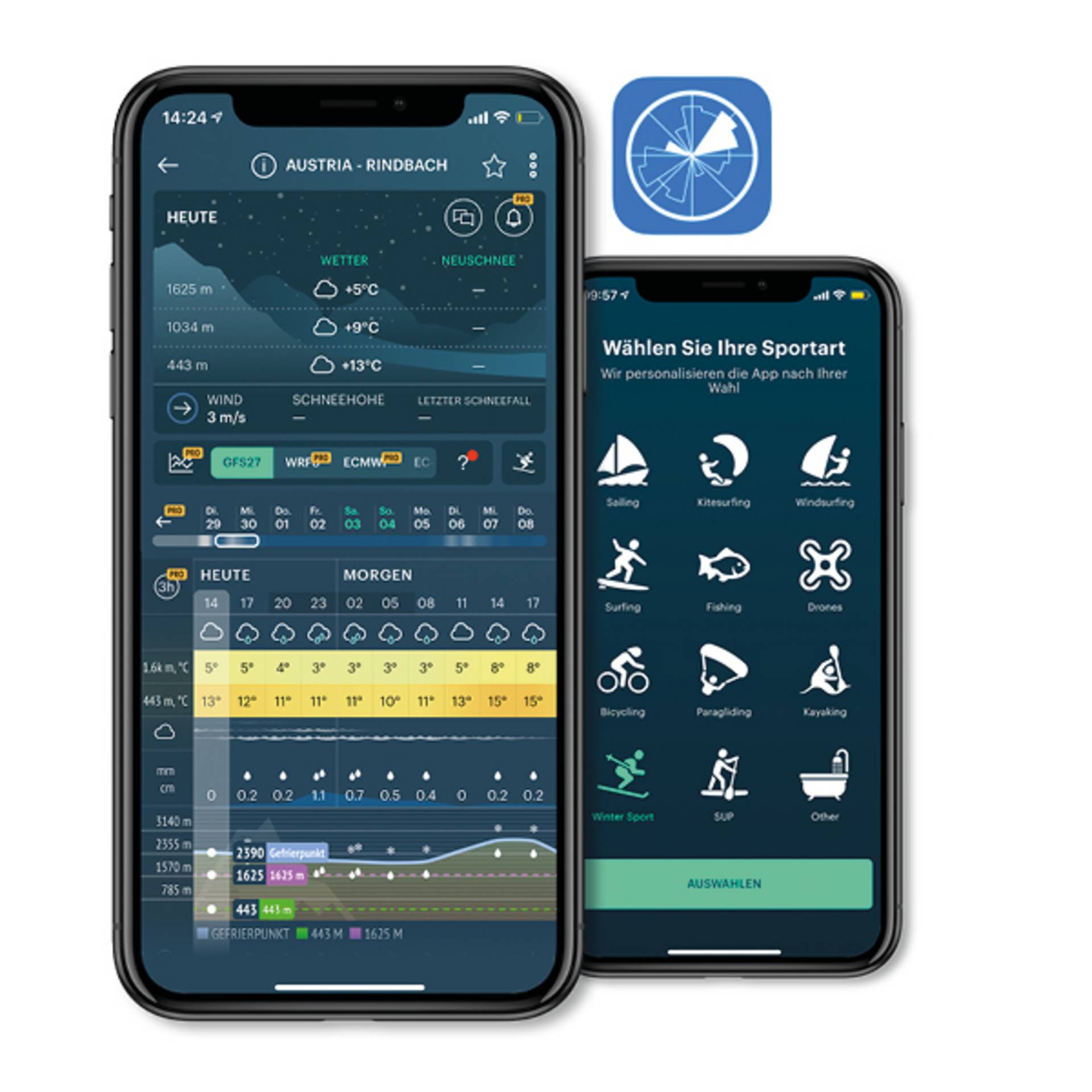 Een mock-up met mobiele telefoon en weer-app.