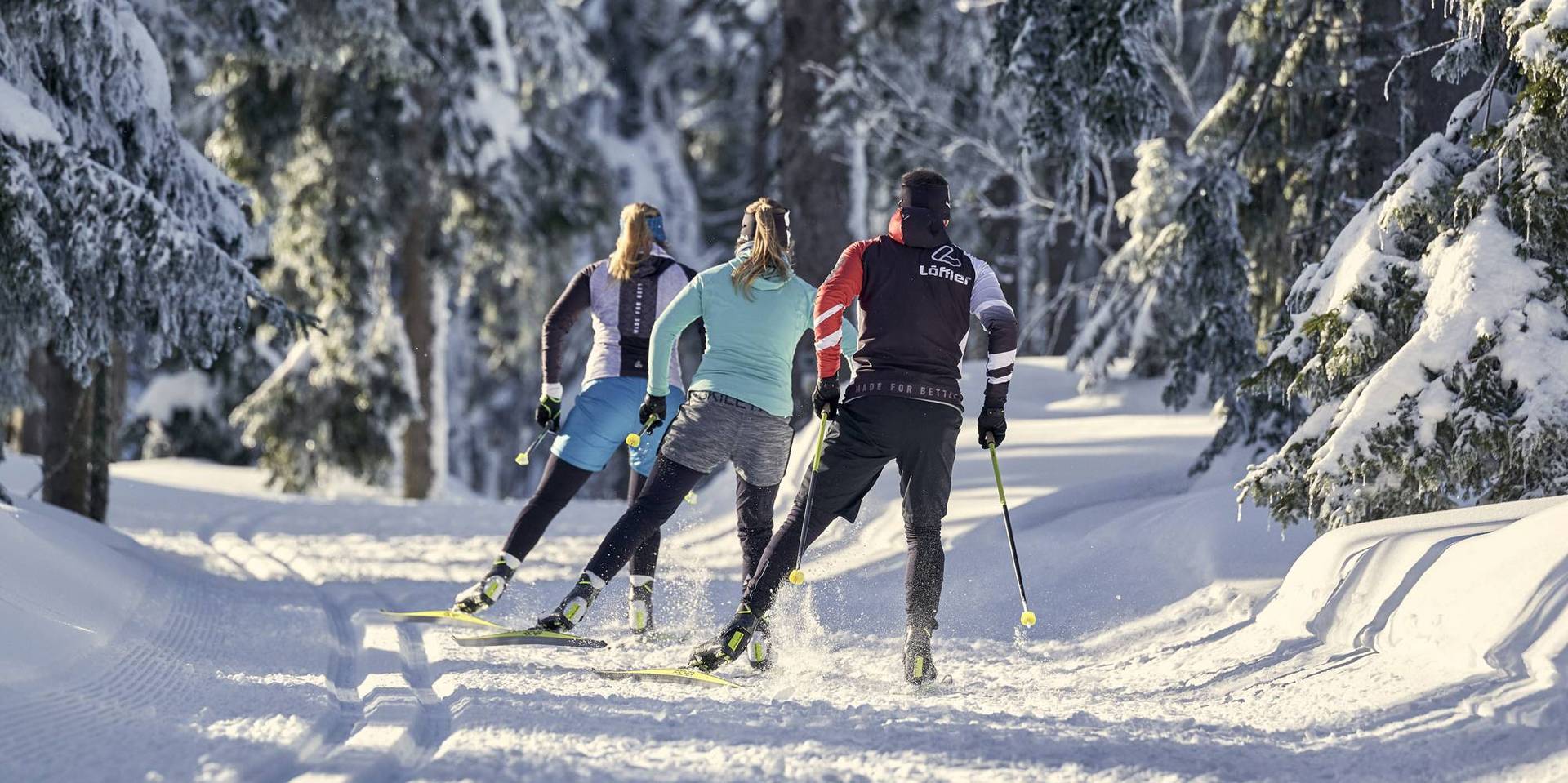 Eine Gruppe von drei Skating Langläufern, inmitten einer idyllischen Winterlandschaft im Wald.