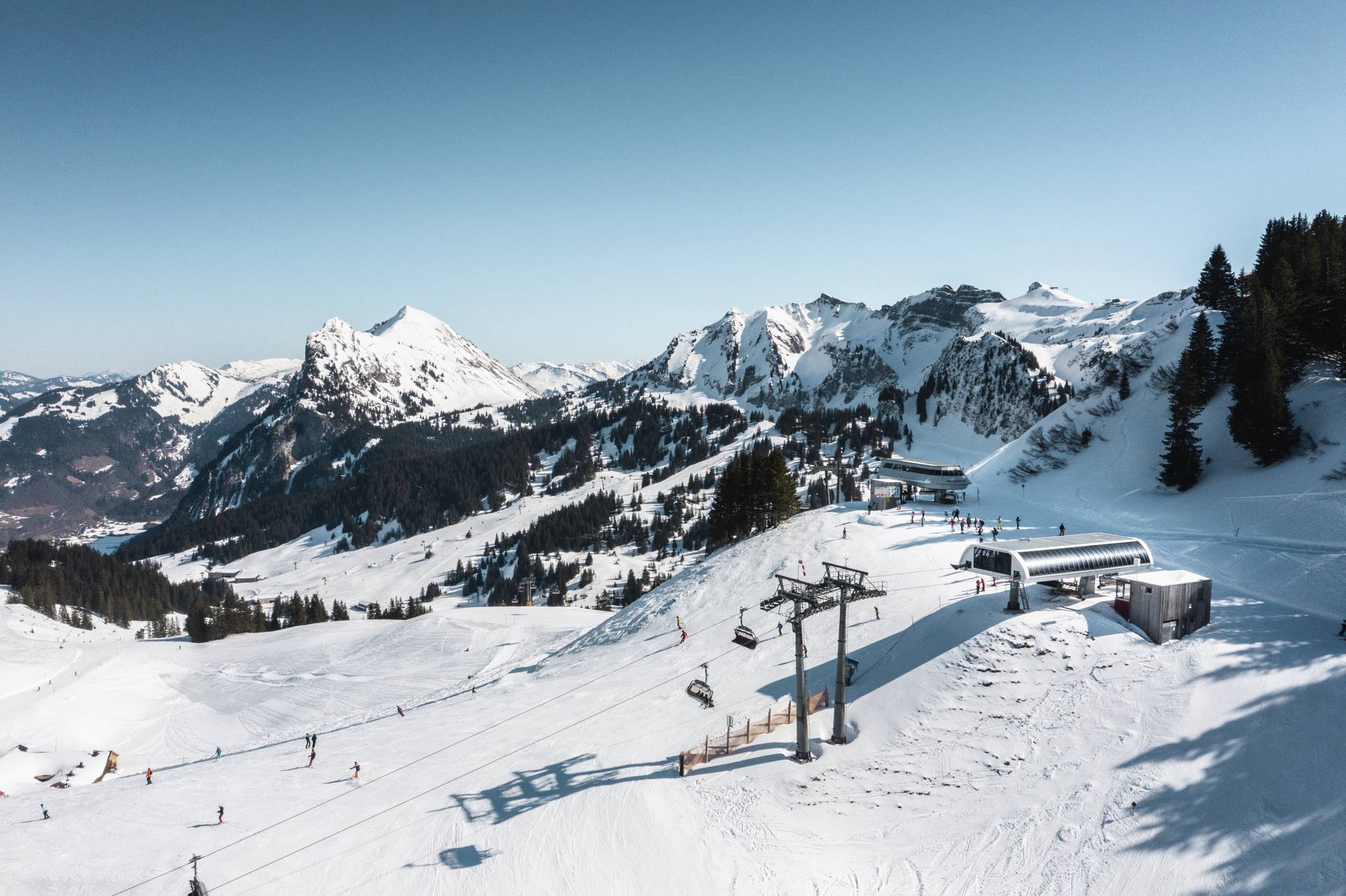 View of the Damüls-Mellau ski resort, showing the chairlift's upper station