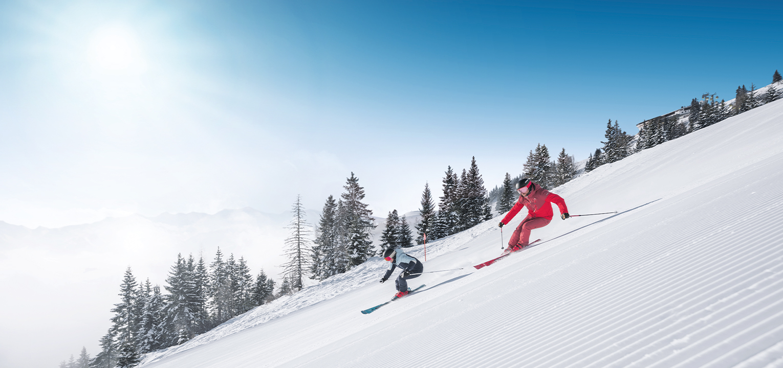 Two skiers are skiing down the slope, the sun is shining, and coniferous trees can be seen in the background.