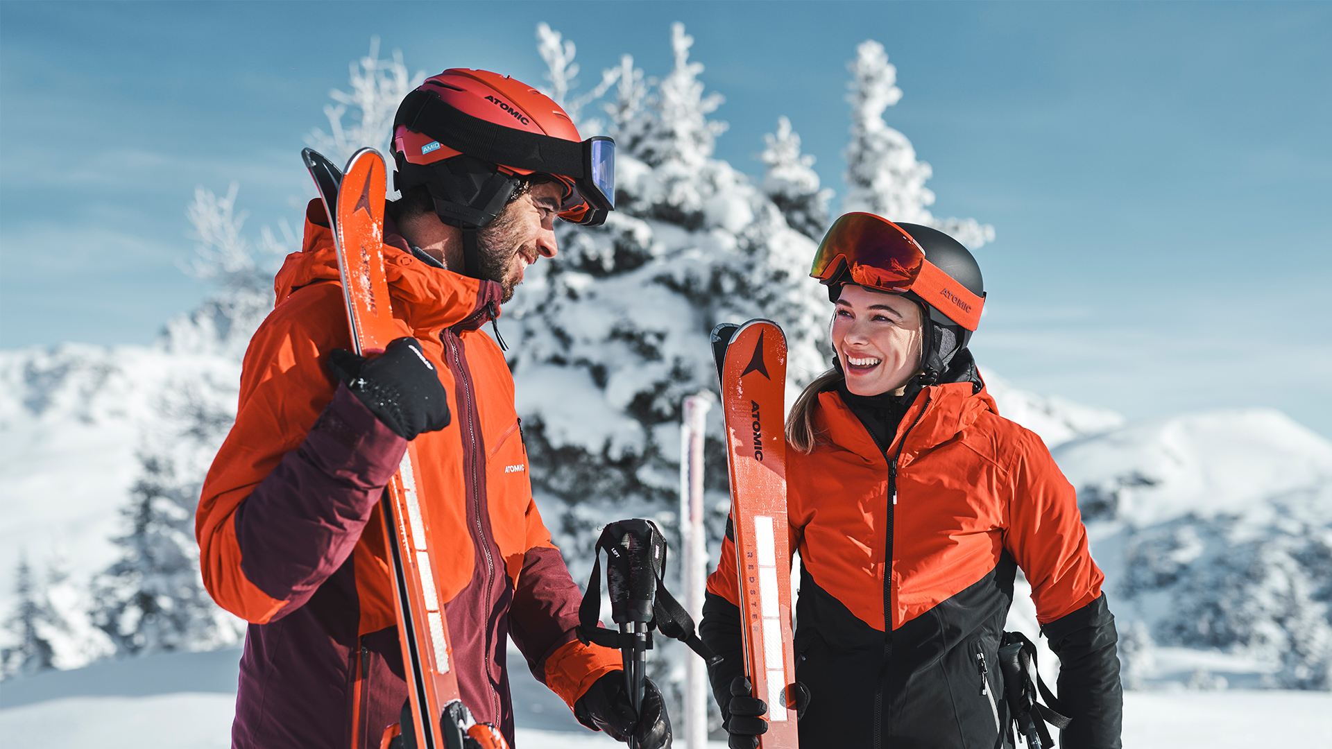 Zwei Skifahrer blickend auf ein winterliches Bergpanorama